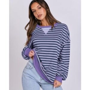 Striped Oversized Crewneck Long Sleeve Y2K Pullover Sweatshirt Purple